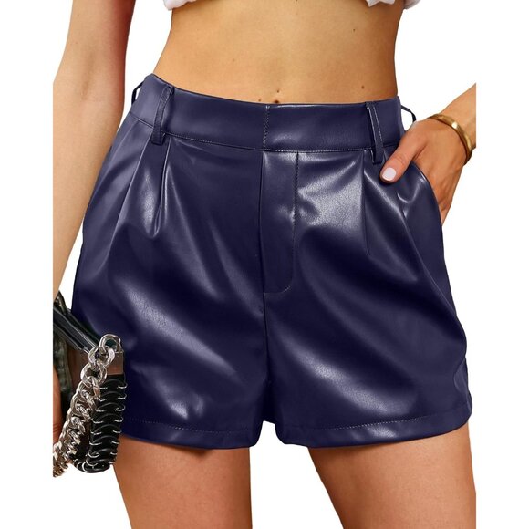 Women's Blue Depth High Waisted Pleated Wide Leg Stretchy Pu Faux Leather Shorts